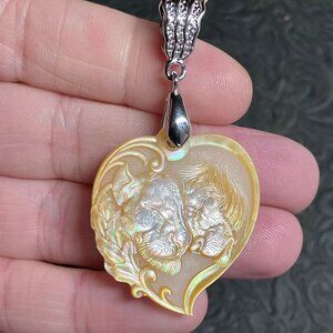 Lion Couple Carved Mother of Pearl White Jade Pendant